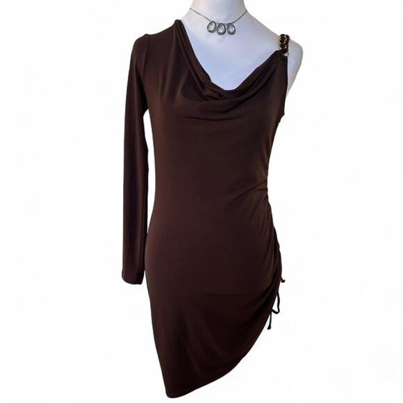 Y2K VTG cache brown stretchy one sleeve chain link ruched tie mini dress x small - Picture 2 of 7